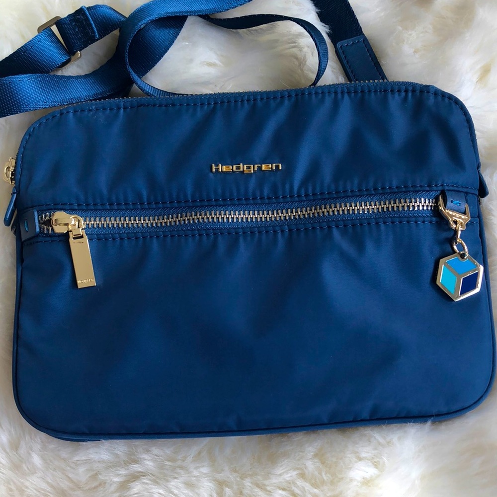 Hedgren Blue Nylon Crossbody Travel Bag Gold Accents NWOT